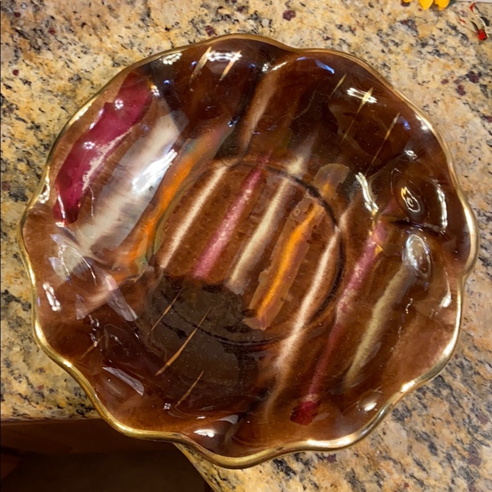 Vintage W. Germany maroon metallic striped bowl 10”